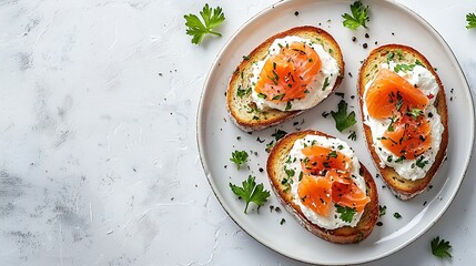 Poster - Sandwich toast with smoked salmon and cream cheese on white plate Marble background Copy space Top view : Generative AI