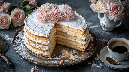 Wall Mural - Traditional Hungarian Esterhazy cake torte with cup of coffee Grey background Top view : Generative AI