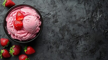 Poster - Strawberry ice cream in bowl on grey stone background Homemade organic product Top view Copy space : Generative AI
