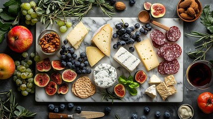 Poster - Cheese assortment on marble cutting board with wine Grey background Top view : Generative AI