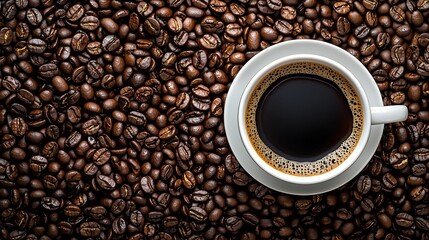 Poster - Black coffee in a white cup on freshly roasted coffee beans background Close up : Generative AI