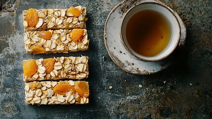 Poster - Oat coconut apricot bars and white chocolate with cup of tea Grey background : Generative AI