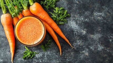 Poster - Carrot juice in glass and fresh carrots Healthy food on a grey stone background Top view Copy space : Generative AI