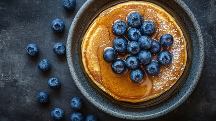 Poster - Pumpkin pancakes with maple syrup and blueberries on a plate Grey stone background Top view Copy space : Generative AI
