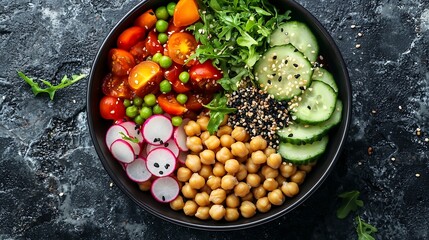 Poster - Healthy vegetarian salad Buddha bowl Quinoa chickpea tomatoes pea radish cucumber crackers Grey stone background Top view : Generative AI