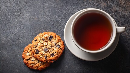 Poster - Healthy vegan oat cookies with cup of tea Grey background Top view : Generative AI
