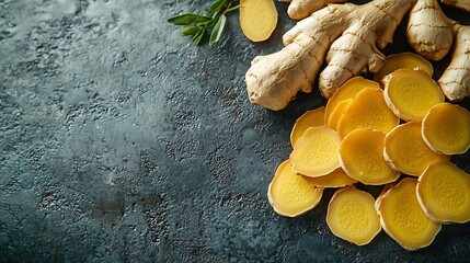 Poster - Fresh ginger root with slices Dark background Copy space Top view : Generative AI