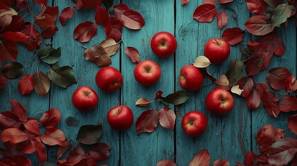 Poster - Red apples and leaves on a wooden blue turquoise background Selective focus : Generative AI