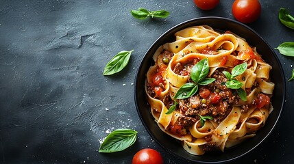 Poster - Pasta pappardelle with beef ragout sauce in black bowl Grey background Copy space Top view : Generative AI