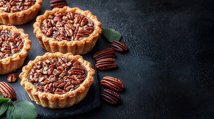 Poster - Pecan pies mini tarts Traditional Thanksgiving dessert Dark background Copy space Top view : Generative AI