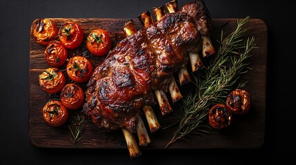 Poster - Lamb ribs grilled on cutting board with roasted vegetables Black background Top view : Generative AI