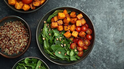 Poster - Healthy vegetarian salad Roasted pumpkin quinoa tomatoes green salad Buddha bowl Grey background Copy space Top view : Generative AI
