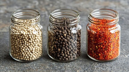 Poster - Assortments of spices white pepper chili flakes lemongrass coriander and cumin seeds in jars on grey stone background Top view Copy space : Generative AI