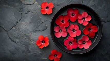 Aufkleber - Hibiscus flower tea in black bowl on grey stone background Copy space Top view : Generative AI