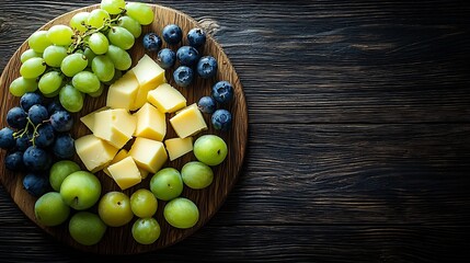 Aufkleber - Cheese and fruits assortment on cutting board on wooden background Top view : Generative AI