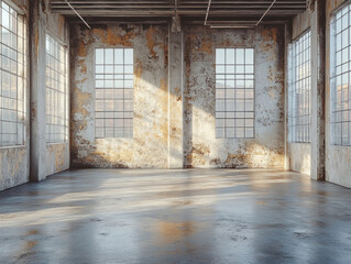 An empty industrial space with a raw, minimalist look--bare concrete walls, steel columns, and a rugged, spacious environment.