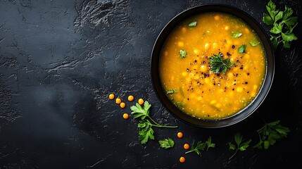 Poster - Bean soup in a black bowl Dark background Copy space Top view : Generative AI