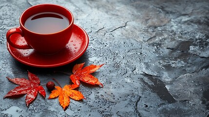 Aufkleber - Romantic autumn cup of tea with autumn leaves on a wet stone background : Generative AI