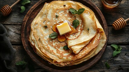 Poster - Thin crepes or pancakes with butter honey and sour cream on a rustic textile background Top view : Generative AI
