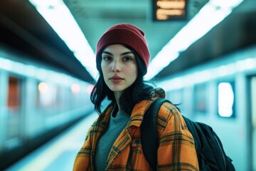 An urban female commuter standing in a subway station, wearing casual yet stylish clothing,