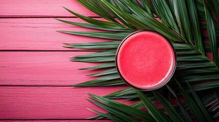 Aufkleber - Watermelon juice fresh smoothie on colorful wooden background with palm leaves Top view : Generative AI