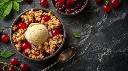 Poster - Cherry red berry crumble with ice cream in bowls Grey stone background Top view : Generative AI