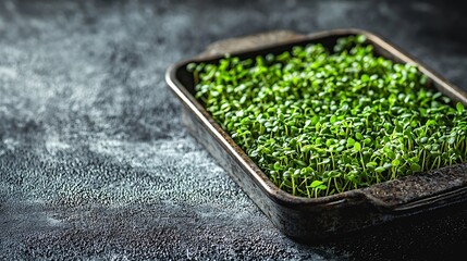 Poster - Wheat sprouts in container Micro herbs salad Super food White and grey background Copy space : Generative AI