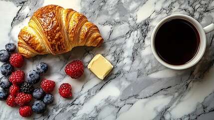 Poster - Croissant with fresh berries chocolate spread and butter with cup of coffee on a marble texture background Top view : Generative AI