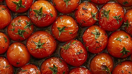 Poster - Roasted cherry tomatoes with herbs in baking dish Top view : Generative AI