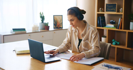 Poster - Remote work from home, computer and woman with headphones, listening to audio or typing. Person, freelancer or copywriting with laptop, headset or online reading for project, research or website info