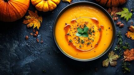 Poster - Pumpkin soup with fresh herbs in a bowl Blue background Top view : Generative AI