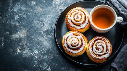 Poster - Cinnamon rolls buns cinnabons on black plate with cup of tea Dark background Copy space Top view : Generative AI