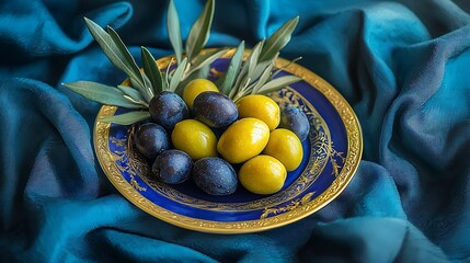 Poster - Assortment of fresh olives on a plate with olive tree brunches Blue textile background Top view : Generative AI