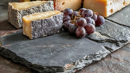 Poster - Assorted cheese with grape on a stone and slate background Copy space : Generative AI