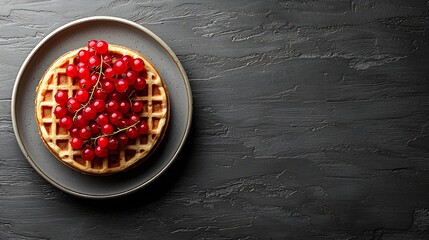 Poster - Belgian waffles with fresh red currant berries Grey dark background Top view : Generative AI