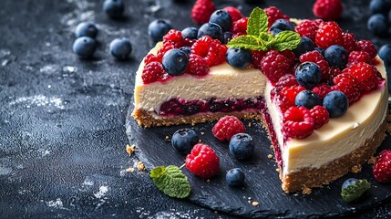 Poster - Cheesecake dessert with fresh berries Dark background Close up : Generative AI