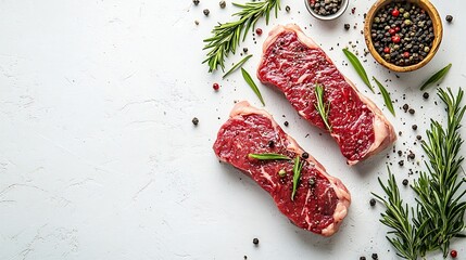 Poster - Fresh raw beef steak isolated on white Top view : Generative AI