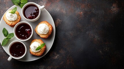 Poster - Scones tea cakes with jam clotted cream with tea Traditional British teatime Grey background Copy space Top view : Generative AI