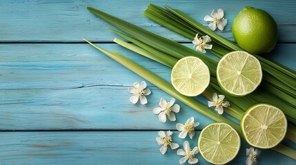 Poster - Lemongrass lime herbal tea ingredients on blue wooden background Top view : Generative AI