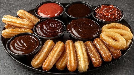 Poster - Churros dessert on black plate Grey background Close up : Generative AI
