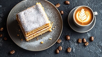 Poster - Traditional Hungarian Esterhazy cake torte with cup of coffee Grey background Top view : Generative AI