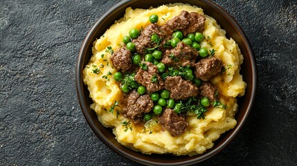 Aufkleber - Mashed potatoes with beef meat and green peas in bowl Grey background Copy space Top view : Generative AI