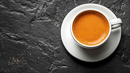Poster - Coffee espresso in white cup on black slate background Top view : Generative AI