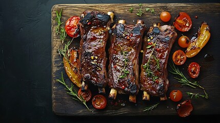 Poster - Lamb ribs grilled on cutting board with roasted vegetables Black background Top view Copy space : Generative AI