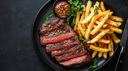 Poster - Beef Steak medium rare with French fries on a black plate Grey background Close up Top view : Generative AI