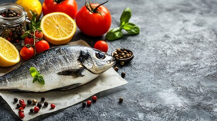 Poster - Dorado fish with cooking ingredients on a parchment paper Blue background Top view : Generative AI