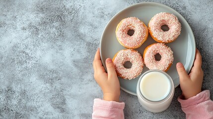 Poster - Kids hands holding a plate with donuts and bottle of milk Marble background Close up Top view : Generative AI