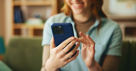 Aufkleber - Hands, woman and smile with phone at house for loan approval, communication and bank application. Happy, girl and reading with mobile for social media, connection and investment update of mortgage