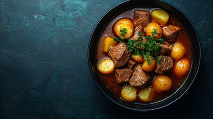 Aufkleber - Beef meat and vegetables stew in black bowl with roasted baby potatoes Dark background : Generative AI