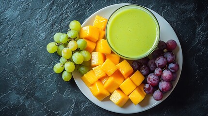 Poster - Tropical fruits assortment on a white plate with mango smoothie juice Blue stone background Top view : Generative AI